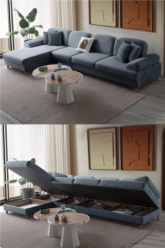 Eymense Aries Yataklı Sandıklı Piyonlu Köşe Takımı Mavi Sol Köşe