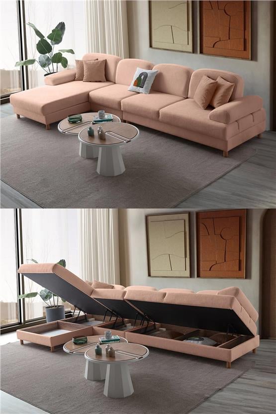 Eymense Aries Yataklı Sandıklı Piyonlu Köşe Takımı Pembe Sol Köşe