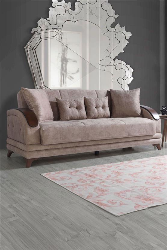 Eymense Asos Çekyatlı Üçlü Kanepe Çekyat Krem