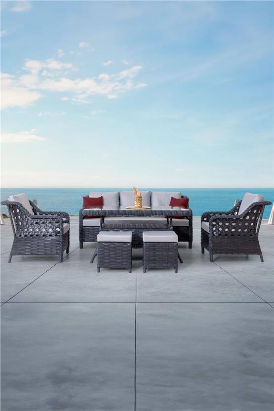 Eymense Avanos Alüminyum Bahçe Oturma Grubu Antrasit 3+1+1+Sehpa+2 Puf