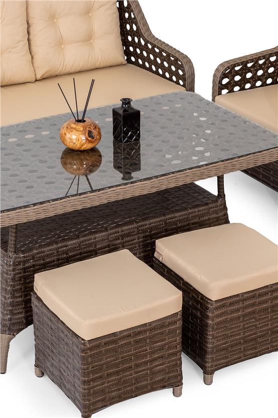 Eymense Avanos Alüminyum Bahçe Oturma Grubu Kahve 3+1+1+Sehpa+2 Puf Kahve