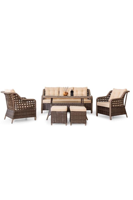 Eymense Avanos Alüminyum Bahçe Oturma Grubu Kahve 3+1+1+Sehpa+2 Puf Kahve