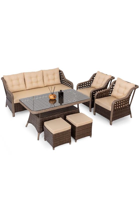 Eymense Avanos Alüminyum Bahçe Oturma Grubu Kahve 3+1+1+Sehpa+2 Puf Kahve