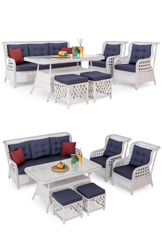 Eymense Belen Alüminyum Bahçe Oturma Grubu Açık Gri 3+1+1+Sehpa+ 2 Puf