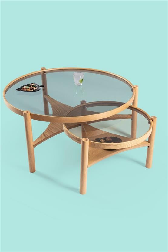 Eymense Clover Meşe Yan Sehpalı İkili Orta Sehpa Meşe