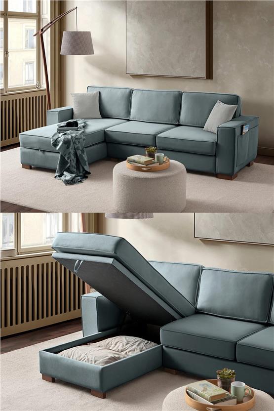 Eymense Corner Köşe Koltuk Takımı Sandıklı Su Yeşili