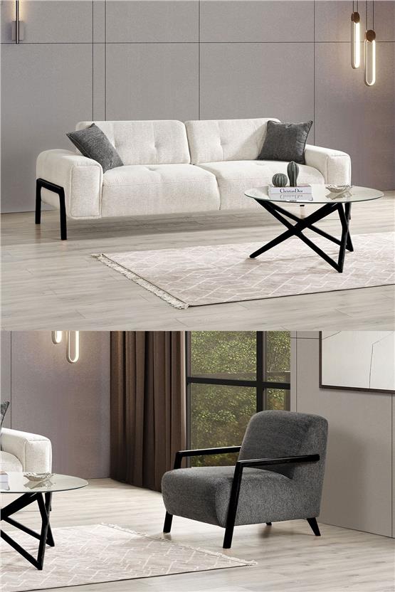 Eymense Dolex Kasalı Modern Sırt Mekanizmalı Koltuk Takımı 3 1 Krem Siyah