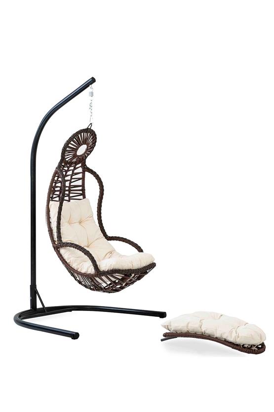 Eymense Elit Demonte Ayak Uzatmalı Rattan Salıncak Kahve Krem Oturum Arem