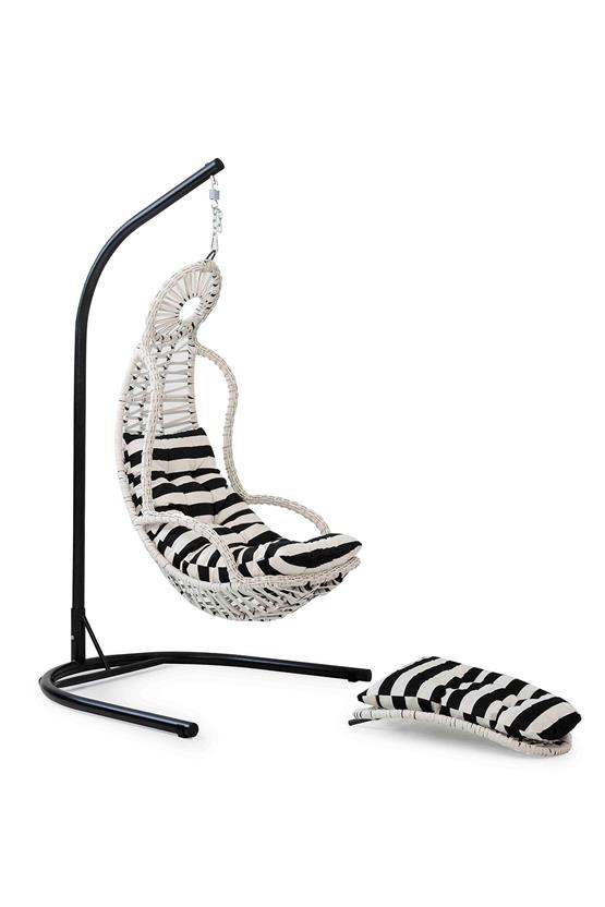 Eymense Elit Demonte Ayak Uzatmalı Rattan Salıncak Beyaz Zebra Oturum