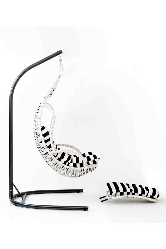 Eymense Elit Demonte Ayak Uzatmalı Rattan Salıncak Beyaz Zebra Oturum