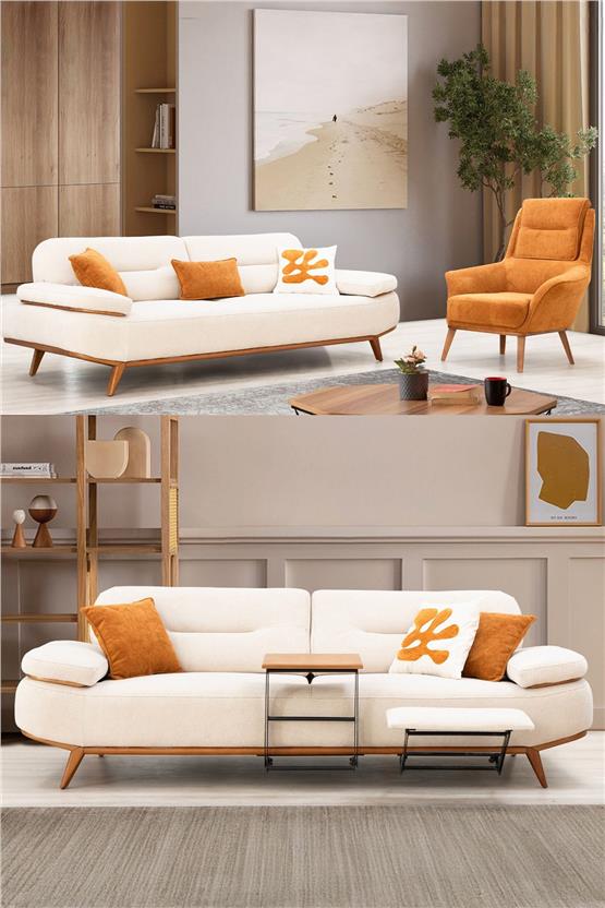 Eymense Foxy Koltuk Takımı 3+3+1 Sehpa ve Ayak Uzatma Modüllü Krem