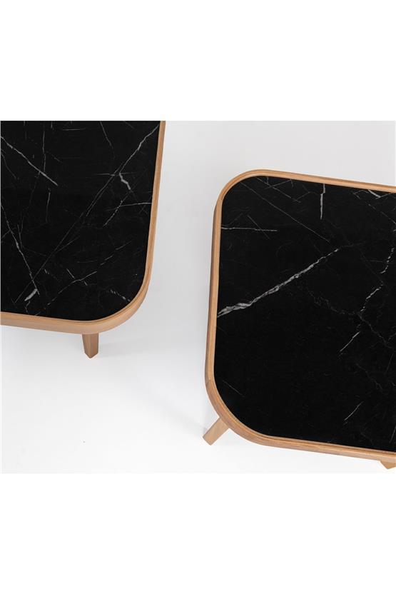 Eymense Hera Siyah Mermerli Meşe Yan Sehpalı İkili Orta Sehpa Siyah