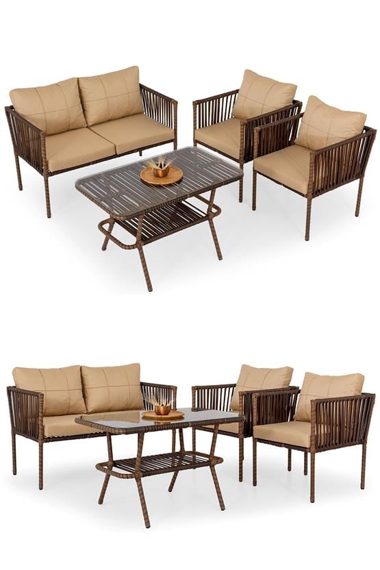 Eymense Hilda Alüminyum Bahçe Oturma Grubu Kahve 2+1+1+Sehpa Kahve