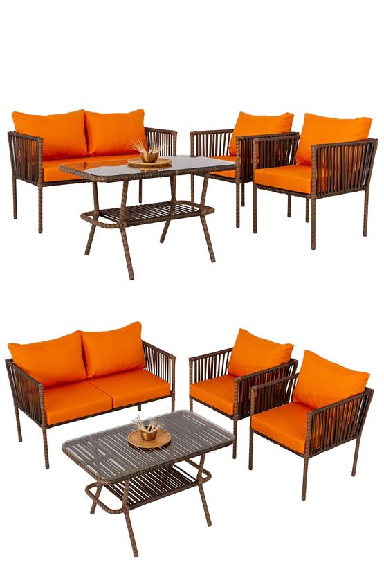 Eymense Hilda Alüminyum Bahçe Oturma Grubu Turuncu 2+1+1+Sehpa Turuncu