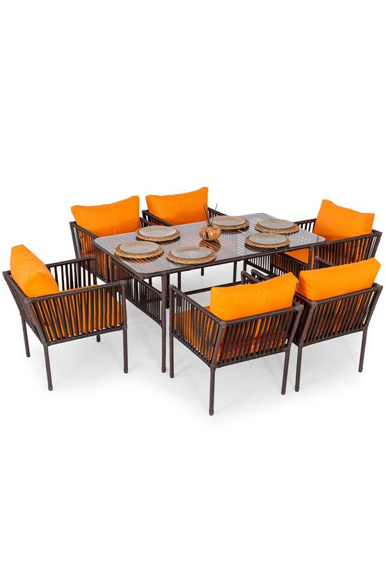 Eymense Hilda Metal Bahçe Yemek Takımı Turuncu 6 Kişilik