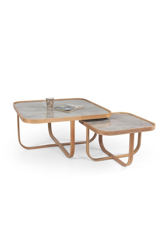 Eymense Hisar Gri Mermerli Meşe Yan Sehpalı İkili Orta Sehpa Gri