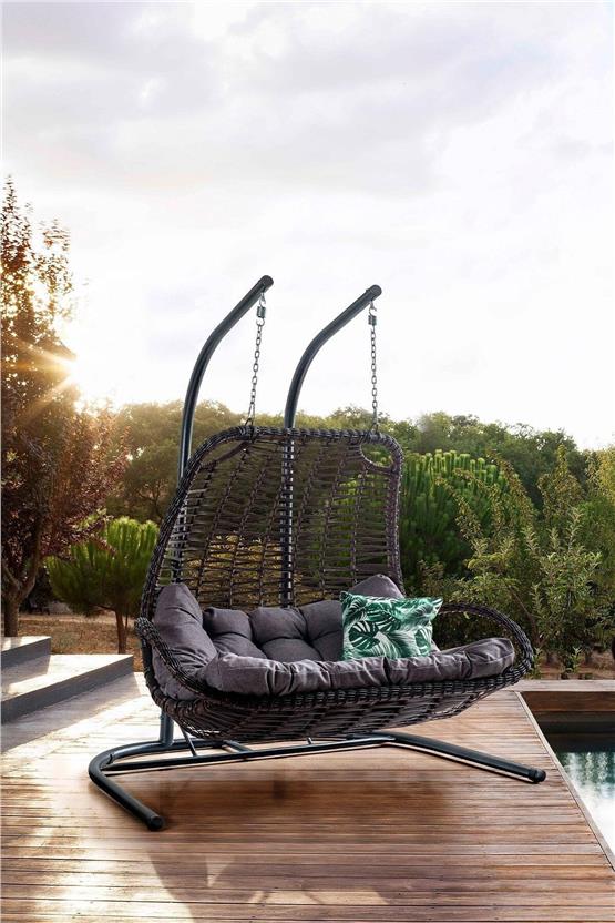 Eymense Komfor Çift Kişilik Rattan Salıncak Kahve Gri Oturum Rattan