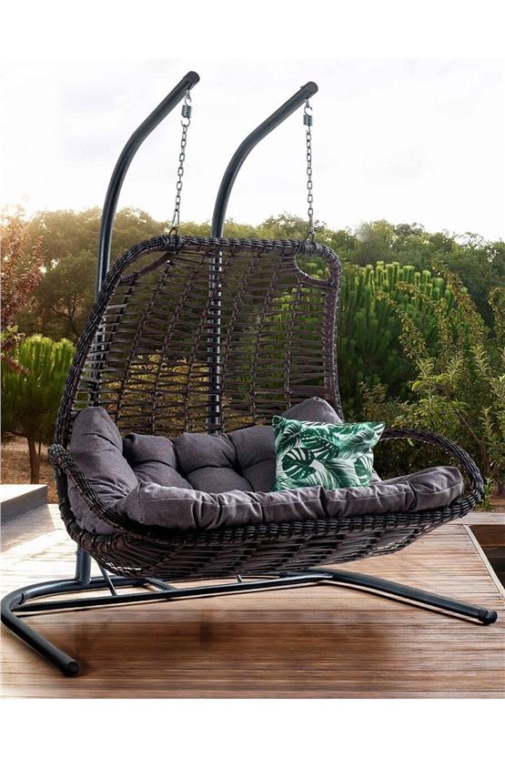 Eymense Komfor Çift Kişilik Rattan Salıncak Kahve Gri Oturum Rattan