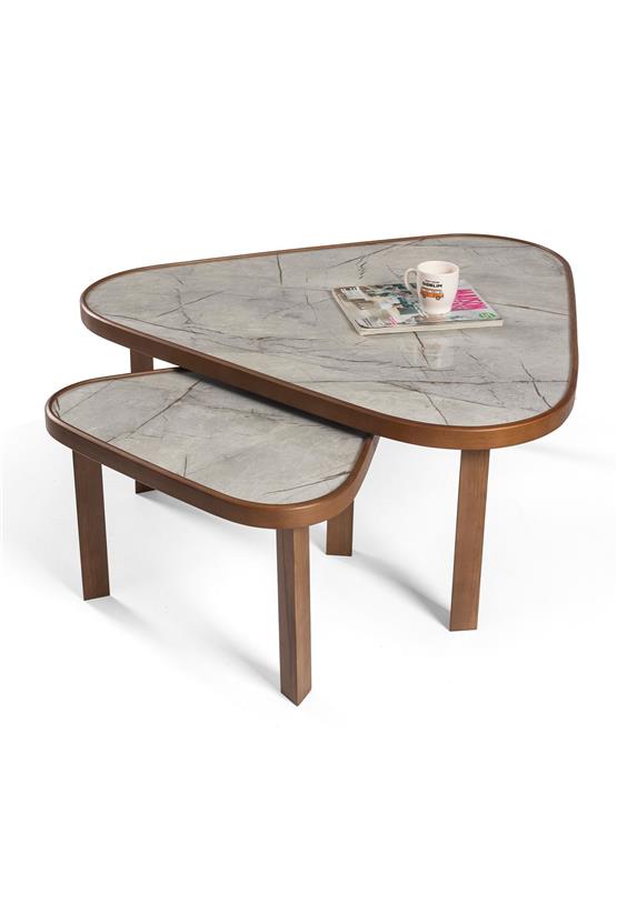 Eymense Leon Gri Mermerli Ceviz Yan Sehpalı İkili Orta Sehpa Gri