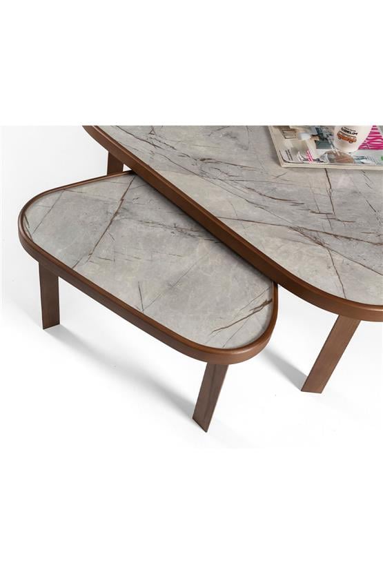 Eymense Leon Gri Mermerli Ceviz Yan Sehpalı İkili Orta Sehpa Gri