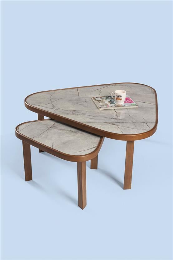 Eymense Leon Gri Mermerli Ceviz Yan Sehpalı İkili Orta Sehpa Gri