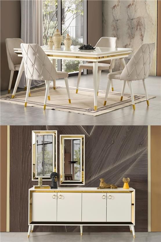 Eymense Lotus Yemek Odası Takımı Gold Beyaz Gold