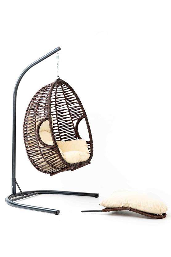 Eymense Max Demonte Ayak Uzatmalı Rattan Salıncak Kahve Krem Oturum Krem