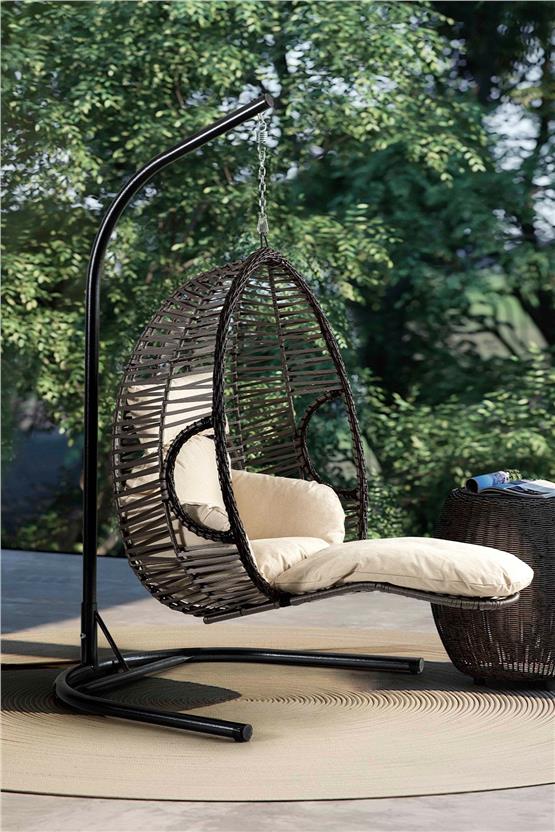 Eymense Max Demonte Ayak Uzatmalı Rattan Salıncak Kahve Krem Oturum Krem