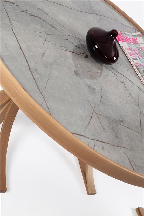 Eymense Mazzo Gri Mermerli Meşe Yan Sehpalı İkili Orta Sehpa Gri