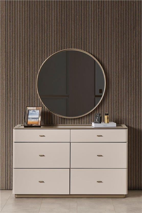 Eymense Oltu Aynalı Puflu Şifonyer Bej