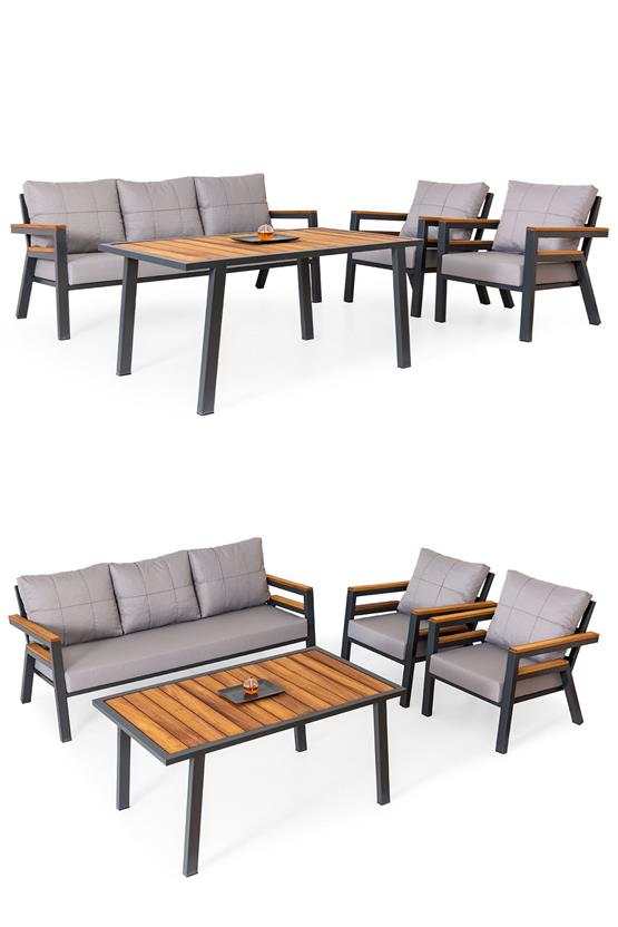 Eymense Palu Alüminyum Bahçe Oturma Grubu 3+1+1+Sehpa Gri