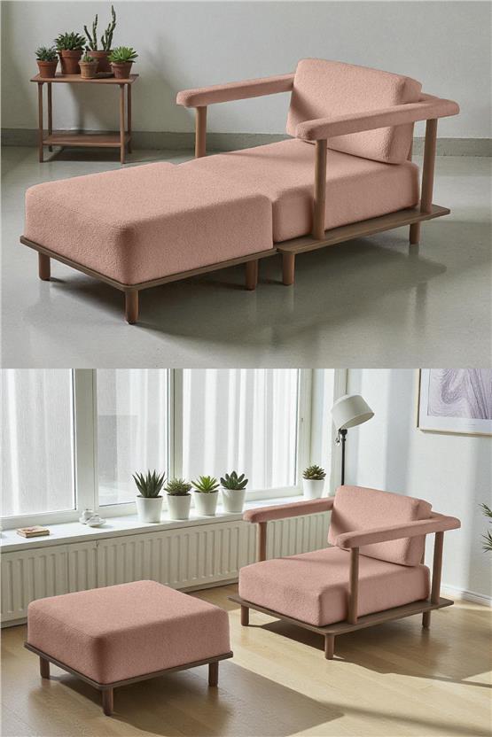 Eymense Pia Tekli Koltuk + Puf Pembe