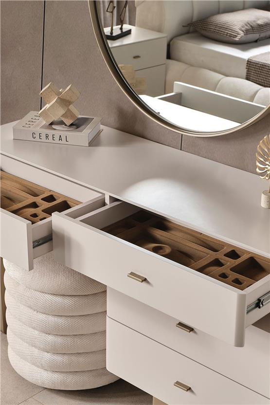 Eymense Silvar Aynalı Puflu Şifonyer Bej