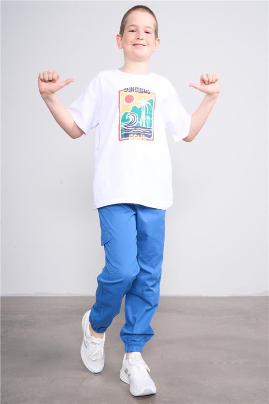 Fit Club 32389 Erkek Çocuk Bisiklet Yaka Openend Baskılı T-shirt 4-12 Yaş Beyaz