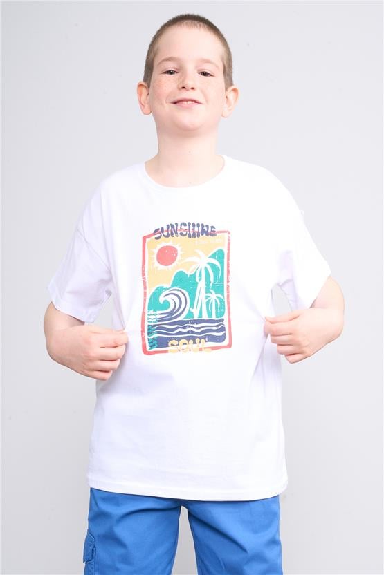 Fit Club 32389 Erkek Çocuk Bisiklet Yaka Openend Baskılı T-shirt 4-12 Yaş Beyaz