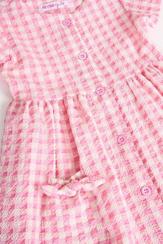 Fit Club 55618 Kız Çocuk Kısa Kol Ekose Gofre Elbise 4-12 Yaş Pembe