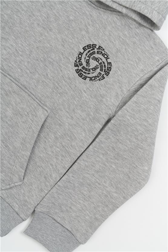 FitClub 22317 Erkek Çocuk 3 İplik Şardonlu Kapüşonlu Baskılı Sweatshirt 4-12 Yaş Grimelanj