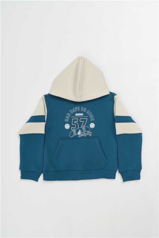 Fitclub 22466 Erkek Çocuk Kapüşonlu 3 İplik Şardonlu Baskılı Sweatshirt 4-12 Yaş Petrol