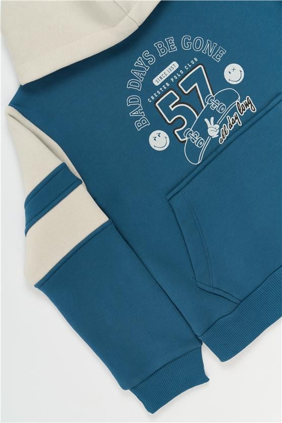 Fitclub 22466 Erkek Çocuk Kapüşonlu 3 İplik Şardonlu Baskılı Sweatshirt 4-12 Yaş Petrol