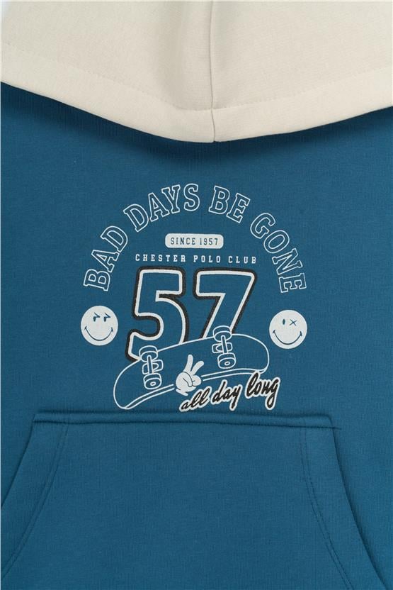 Fitclub 22466 Erkek Çocuk Kapüşonlu 3 İplik Şardonlu Baskılı Sweatshirt 4-12 Yaş Petrol