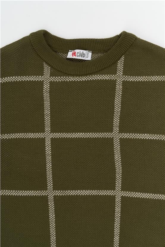 FitClub 28035 Erkek Çocuk Bisiklet Yaka 4-12 Yaş Jakarlı Triko Kazak Haki