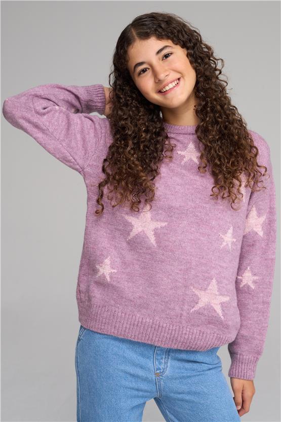 FitClub 28040 Kız Çocuk Bisiklet Yaka Simli Jakarlı Triko Kazak 4-12 Yaş Açık Mor