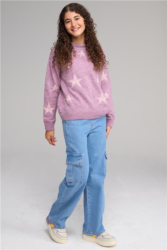 FitClub 28040 Kız Çocuk Bisiklet Yaka Simli Jakarlı Triko Kazak 4-12 Yaş Açık Mor