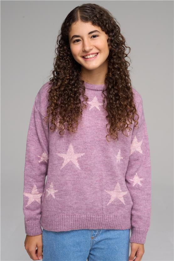 FitClub 28040 Kız Çocuk Bisiklet Yaka Simli Jakarlı Triko Kazak 4-12 Yaş Açık Mor