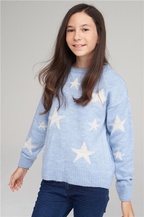 FitClub 28040 Kız Çocuk Bisiklet Yaka Simli Jakarlı Triko Kazak 4-12 Yaş Açık Mavi