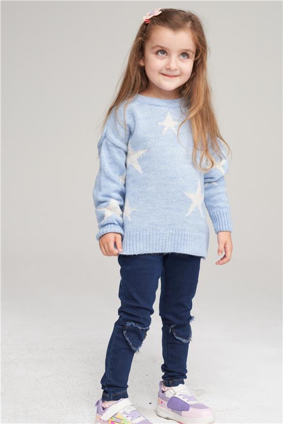 FitClub 28040 Kız Çocuk Bisiklet Yaka Simli Jakarlı Triko Kazak 4-12 Yaş Açık Mavi