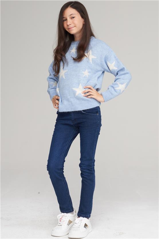 FitClub 28040 Kız Çocuk Bisiklet Yaka Simli Jakarlı Triko Kazak 4-12 Yaş Açık Mavi