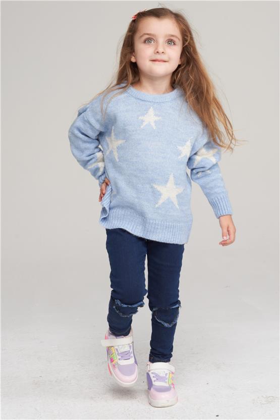 FitClub 28040 Kız Çocuk Bisiklet Yaka Simli Jakarlı Triko Kazak 4-12 Yaş Açık Mavi