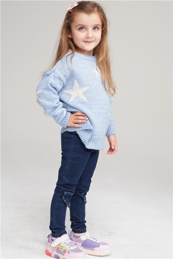 FitClub 28040 Kız Çocuk Bisiklet Yaka Simli Jakarlı Triko Kazak 4-12 Yaş Açık Mavi