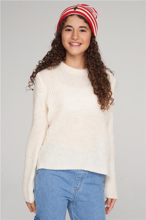 FitClub 28041 Kız Çocuk Bisiklet Yaka Yırtmaçlı Triko Kazak 4-12 Yaş Ekru